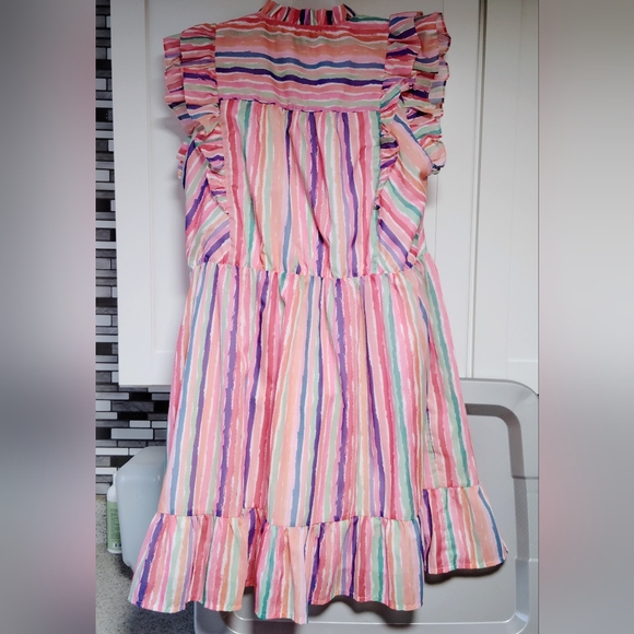 Joy Joy Ruffle Cinched Wasit Rainbow Striped dress Sz-L - Picture 4 of 6